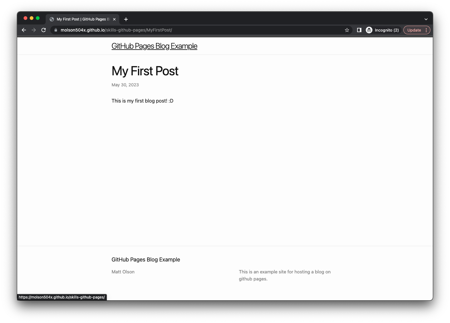 Screenshot of a first blog post with Minima theme